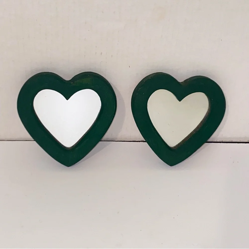 Vintage Hunter Green Painted Wooden Heart Shaped Accent Mirrors Set of 2